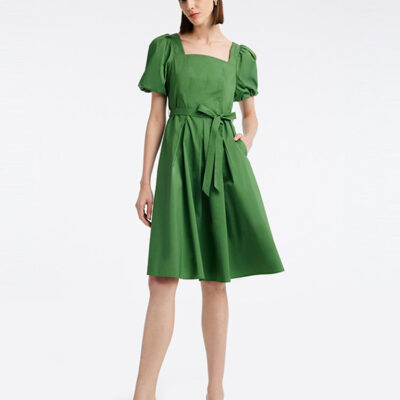 Green Square Neck Puff Sleeve A-Line Mini Dress