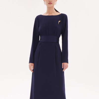 Triacetate Slim Midi Dress With Brooch