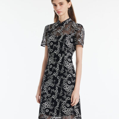 Black Floral Embroidery Cheongsam Women Mini Qipao Dress