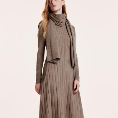 Tencel Wool Slim Knitted Midi Work Dress With Scarf