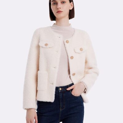 Lamb Wool Round Neck Crop Women Coat