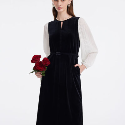 Pleated Sleeves Velvet Patchwork Women Midi Dress