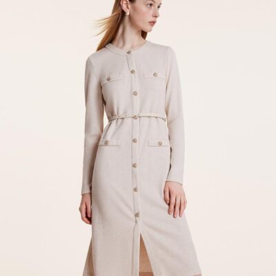 Beige Knitted Gathered Waist Dress