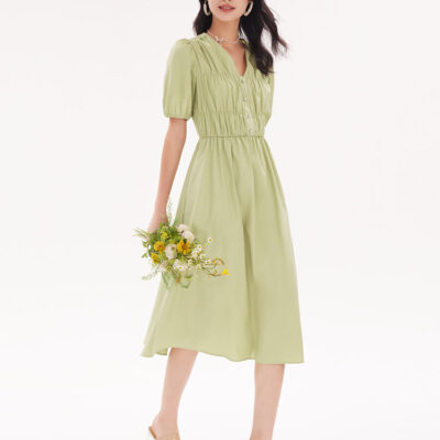 V-Neck Cotton Gathered Waist Midi Dress