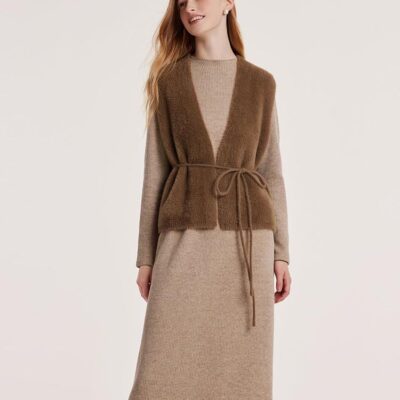 Slim Pinafore Dress And Faux Mink Vest Two-Piece Set With Belt