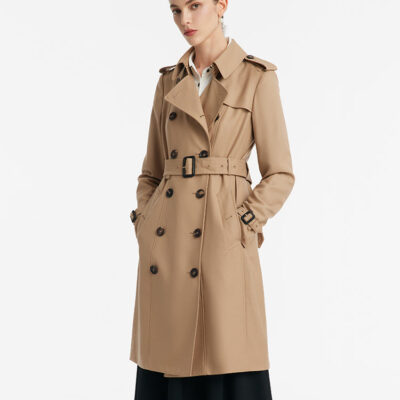 Worsted Wool Gathered Waist Double-Breasted Women Trench Coat