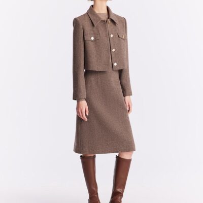 Washable Wool Crop Jacket And Skirt And Sweater Three-Piece Suit