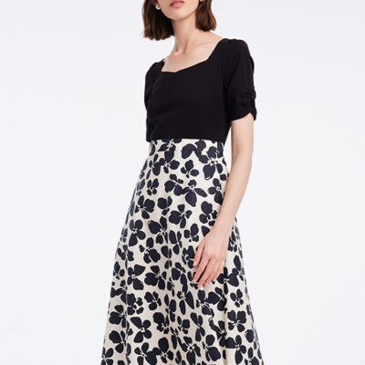 Black Floral Gathered Waist Midi Dress