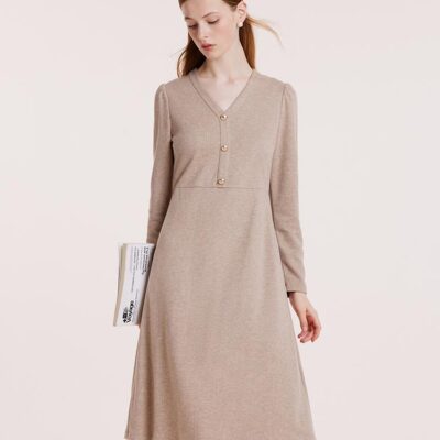 Beige Knit V-Neck Midi Work Dress