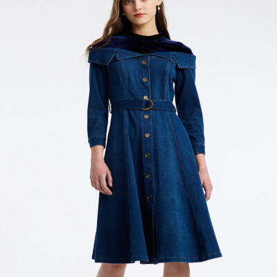 Velvet And Denim Patchwork Women Midi Dress