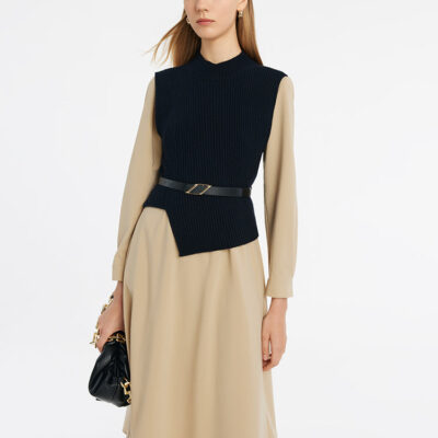 Asymmetrical Knitted Vest And Midi Dress Two-Piece Set With Belt