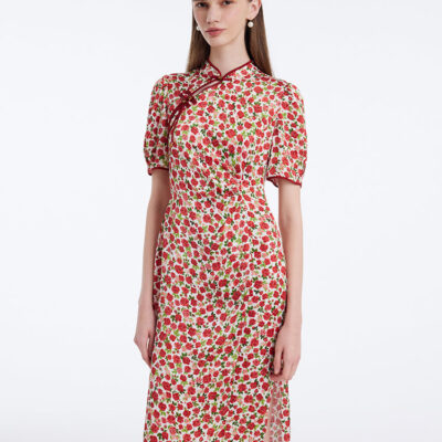 Red Rose Printed Cheongsam Qipao Women Midi Dress