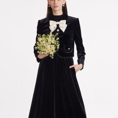 Velvet Crop Jacket And Skirt Two-Piece Suit With Detachable Bowknot