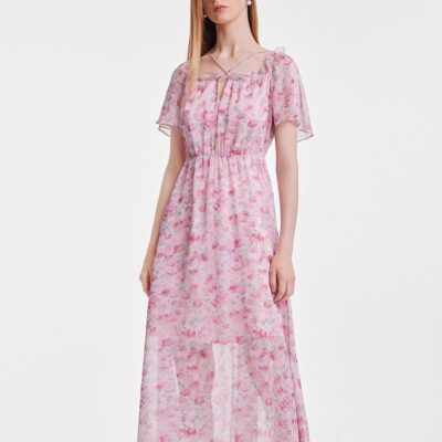 Pink Square Neck Print Maxi Dress