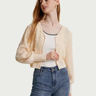 V-neck Beaded Knit Woolen Cardigan