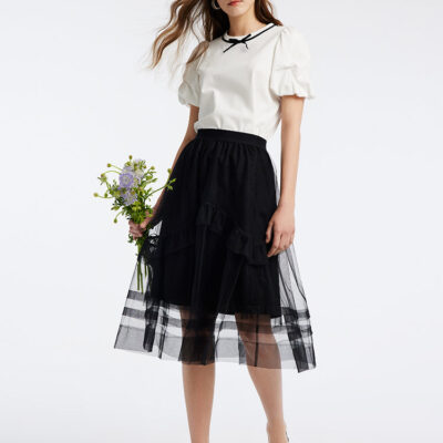 Puff Sleeve T-shirt And Mesh Skirt Two-Piece Set