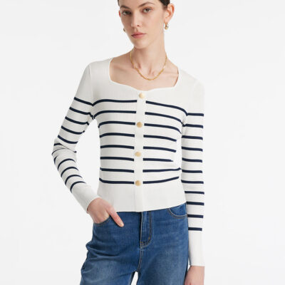 Acetate Square Neck Striped Women Knit Top