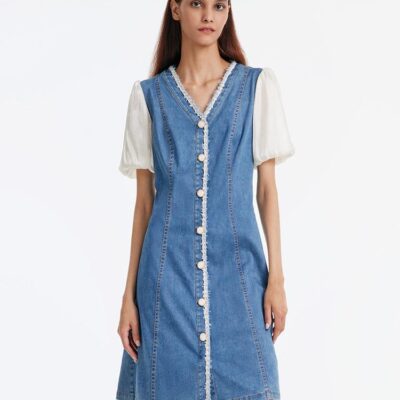 Denim Patchwork Tweed V-Neck Midi Dress