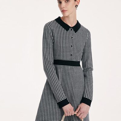 Tencel Wool Lapel Gathered Waist Plaid Dress