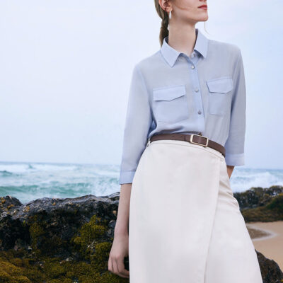 Acetate Shirt And Half Women Skirt Two-Piece Set With Leather Belt