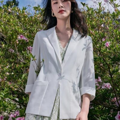 White Triacetate Three Quarter Sleeve Slim Women Blazer