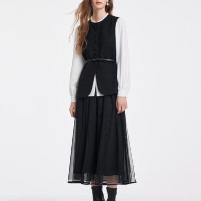 Shirt And Vest And Tulle Skirt With Belt Three-Piece Set