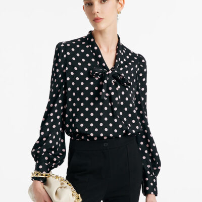 22 Momme Mulberry Silk Polka Dots Printed Women Shirt With Flaps