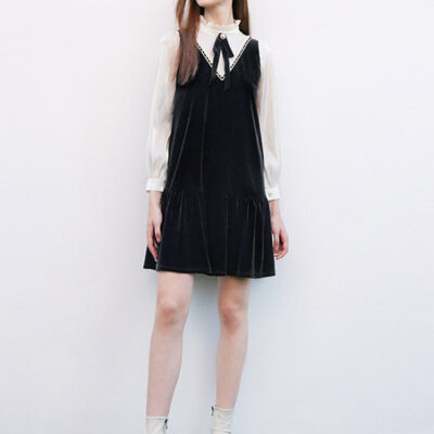 Black Velvet Patchwork Mini Dress With Tie