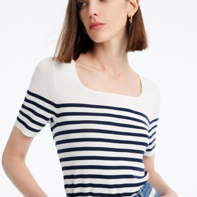 Black And White Striped Skinny Women Knit Top