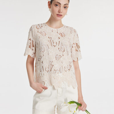 Lace Floral-Shaped Openwork Women Blouse With Bottomed Camisole