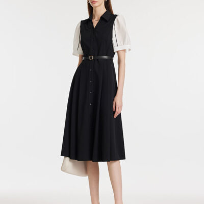 Commute Patchwork V-Neck Women Midi Shirt Dress With Belt