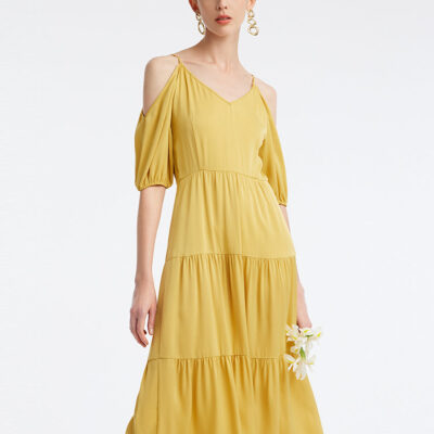 22 Momme Silk Cold Shoulder Tiered Midi Dress