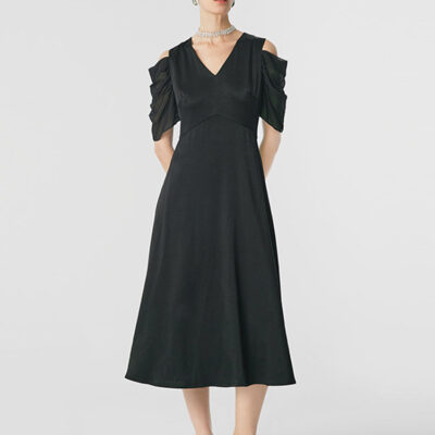 Black Triacetate Gathered Waist V-Neck Midi Dress