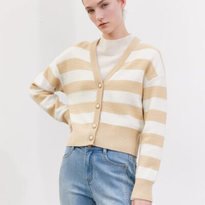 Yellow And White Stripe Woolen Women Cardigan