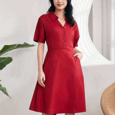 Red Cotton Gathered Waist Mini Dress