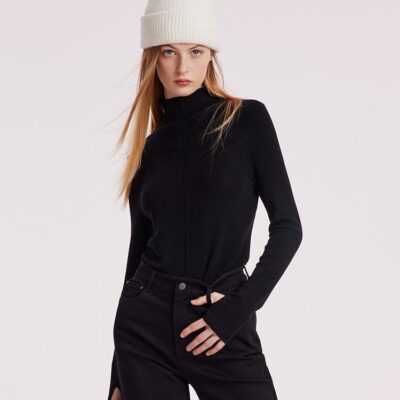 Machine Washable Wool Sheath Mock Neck Women Sweater