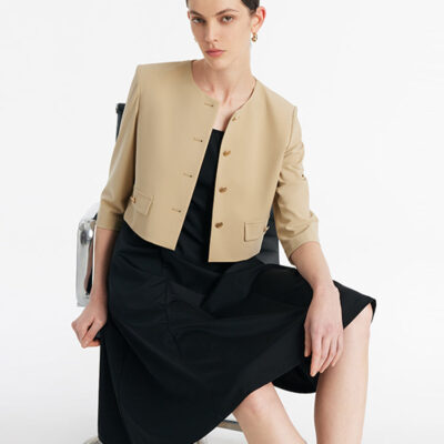 Single-Breasted Crop Jacket And Vest Midi Dress Two-Piece Set