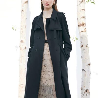 Worsted Woolen Gathered Waist Women Trench Coat