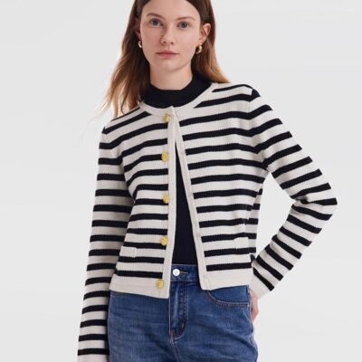 Button Up Woolen Striped Lady Cardigan