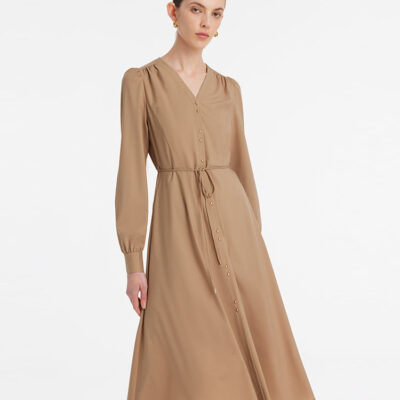 Wool-Silk Blend V-Neck Women Midi Dress