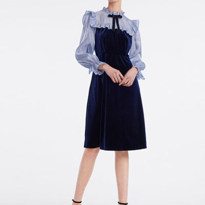 Ruffle Collar Velvet Patchwork Midi Collared Dress