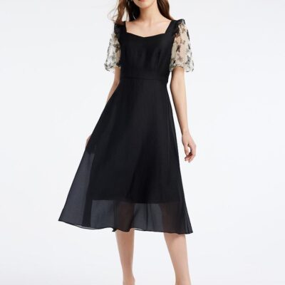 Mesh Patchwork Puff Sleeve Midi Dress