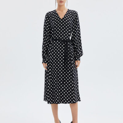 16.5 Momme Pure Silk V-Neck Polka Dots Midi Dress