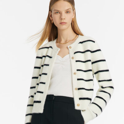 Eco-Friendly Mink Knitted Striped Women Cardigan