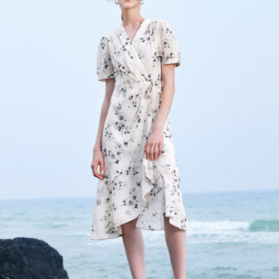 Acetate Ink Floral Print Wrap Midi Dress