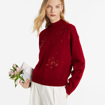 Tencel Wool Blend Mock Neck Sequins Women Sweater