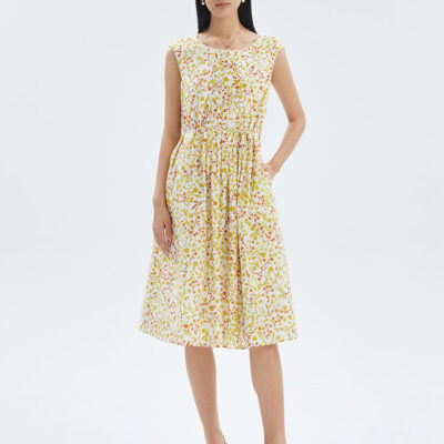 Silk And Cotton Floral Print A-line Midi Dress