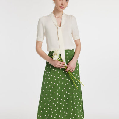 Bow Tie Neck Knit Top And Mulberry Silk Polka Dots Printed Half Skirt Two-Piece Set