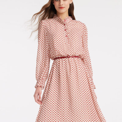 Gathered Waist Polka Dots Ruffle Midi Dress