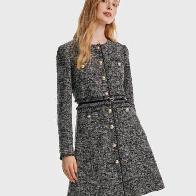 Round Neck Tweed Dress With Belt